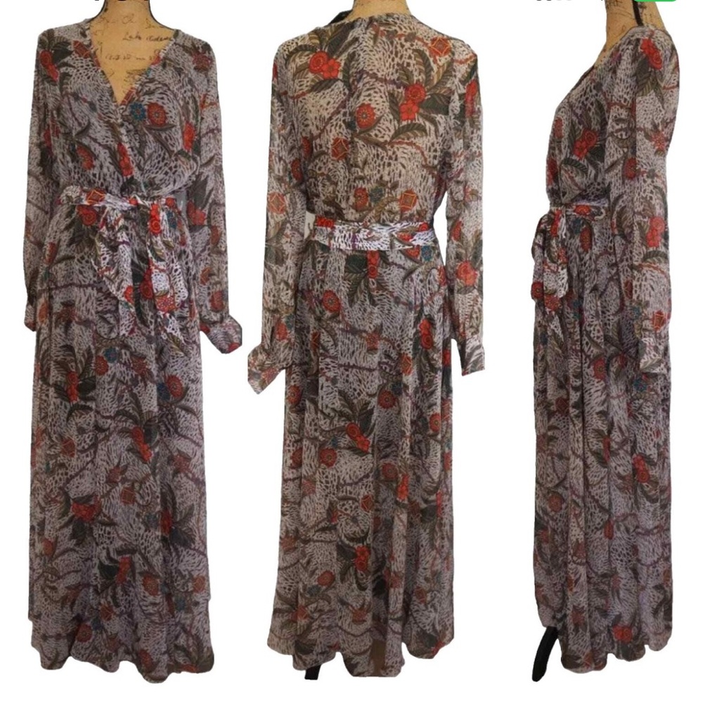 Floral Long Sleeve Maxi Dress with Tie Waist - Red Floral